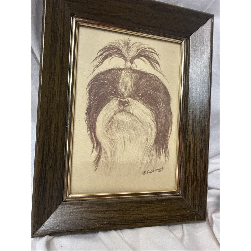 VTG MCM Earl Sherwan Shih Tzu Dog Top Knot Sketch Art Faux Wood Frame 1965